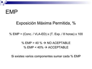 EMP Exposición Máxima Permitida, % % EMP = (Conc. / VLA-ED) x (T. Exp. / 8 horas) x 100 % EMP > 40 %    NO ACEPTABLE % EMP < 40%    ACCEPTABLE Si existes varios componentes sumar cada % EMP 