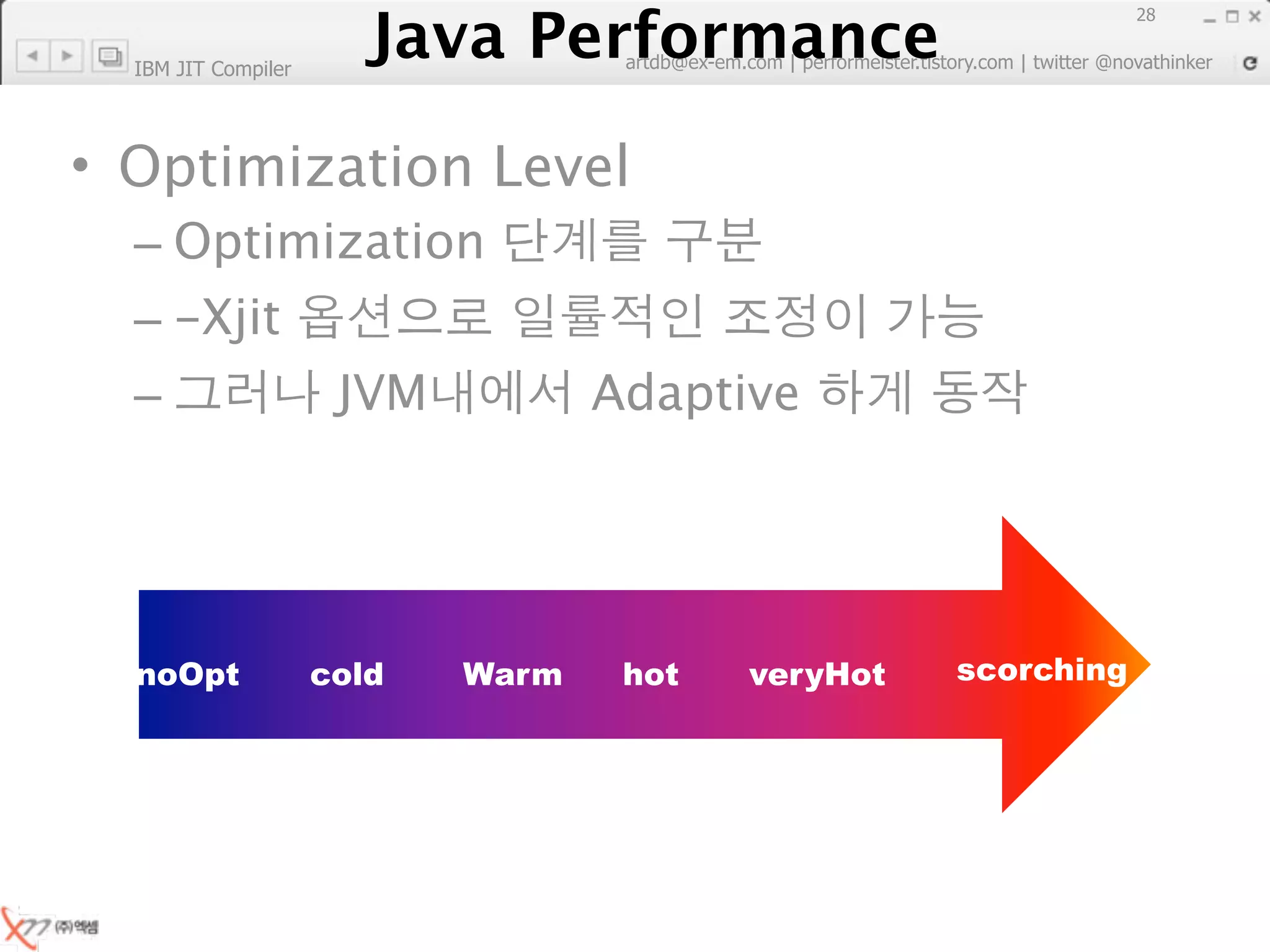 Java Performance
                                                                         28
                     Java Performance Fundamental | twitter @novathinker
                                  artdb@ex-em.com | performeister.tistory.com
  IBM JIT Compiler




• Optimization Level
  – Optimization
  – -Xjit
  –                    JVM            Adaptive




  noOpt              cold     Warm      hot     veryHot      scorching
 