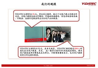 ǵĹģ


YIDATECעʱ1Ԫʱʵۺͻں
ϵΪͻṩIT滮ITʩ衢Ϣϵͳѯʵʩ
ITȫλĲͷ




  YIDATECעʱ1Ԫ̫YIDATECӵг2000˵
  ŶΪû񡣲ң һÿ30%ٶΪ
  ûЧʺͽͳɱŬǿʵҲΪûṩ
  ֺ֧ͷ



                 For a flatter world       YIDATEC 2009
                For a flatter world               YIDATEC 2012
                                                  YIDATEC 2012
 