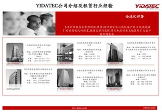YIDATEC公司介绍及租赁行业经验

                                                                                        全球化部署

                                        多年的IT服务和管理经验,使得YIDATEC吸引国际客户的注目,通过我
                                        们的资源优化的配置,地理优势的发挥,满足和应对亚太地区的广大客户
                                                      的市场需求.

                                                      亿达信息技术有限公司成都分                      亿达信息技术有限公司澳洲办事处
             亿达信息技术有限公司上海分                                  公司
                   公司                                                                    地址：澳大利亚 新南威尔士州 悉尼
                                                      地址：成都高新园区天府大道                     市 马鲁布拉区马鲁布拉大街 156-158号
             地址：上海市长宁区延安西路                                 天府A51F                                 B3
              1566号龙峰大厦6F 邮编：                             邮编：610041                            邮编：2035
                     200052                            电话：（86）028 8533 3715                 电话：（61）430 948 886
              电话：（86）021 6071 7575                     传真：（86）028 8533 3232                 传真：（61）283 470 236
              传真：（86）021 6071 7578
 SHANGHAI                             CHENGDU                                 SYDENY

            亿达信息技术有限公司深圳分公司
                                                     亿达信息技术有限公司日本株式                      亿达信息技术有限公司北京分公司
                                                           会社
            地址：深圳市南山区南区科技南十
                                                                                        地址：北京市朝阳区霄云路26号鹏润
               二路长虹科技大厦703
                                                     地址：东京都新宿区西新宿2-6-1                        大厦A605
                 邮编： 518057
                                                        新宿住友大厦22F                            邮编：100027
             电话：（86） 0755 8663 8100
                                                         邮编：163-0222                      电话：（86）010 5108 7870
             传真：（86）0755 8663 8106
                                                       电话：(81)03 6304 5131                传真：（86）010 5108 7850
                                                       传真：(81)03 6304 5132
SHENZHEN                              TOKYOU                                  BEIJING




                                                For a flatter world                                 YIDATEC 2012
                                                                                                    YIDATEC 2012
 