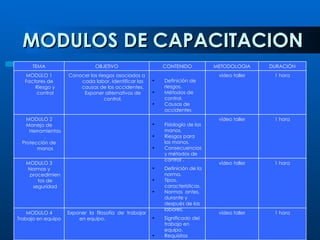MODULOS DE CAPACITACION
      TEMA                     OBJETIVO                    CONTENIDO           METODOLOGIA     DUR...