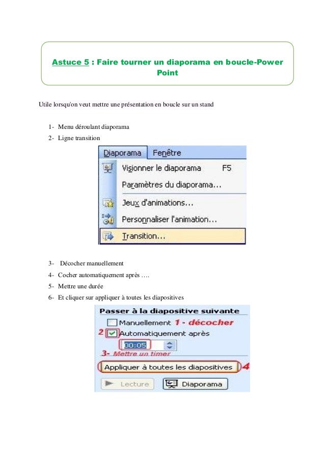 ASTUCE 5 FAIRE TOURNER UN DIAPORAMA EN BOUCLEASTUCE Power Point