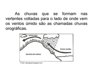 As chuvas que se formam nas
vertentes voltadas para o lado de onde vem
os ventos úmido são as chamadas chuvas
orográficas.
Fonte: eltongeopa.blogspot.com
 