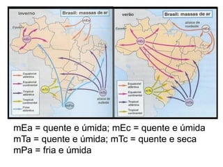 mEa = quente e úmida; mEc = quente e úmida
mTa = quente e úmida; mTc = quente e seca
mPa = fria e úmida
 