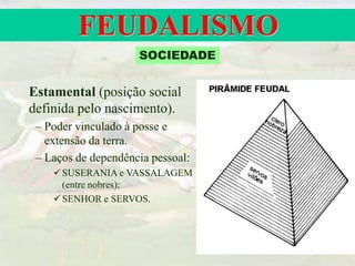 FEUDALISMO
Estamental (posição social
definida pelo nascimento).
– Poder vinculado à posse e
extensão da terra.
– Laços de dependência pessoal:
SUSERANIA e VASSALAGEM
(entre nobres);
SENHOR e SERVOS.
SOCIEDADE
 
