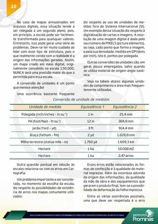 10
No caso de mapas armazenados em
arquivos digitais, essa situação tende a
ser relegada a um segundo plano, pois,
em princípio, a escala pode ser facilmen-
te transformada para quaisquer valores.
Entretanto, isso pode gerar uma série de
problemas. Deve-se ter muito cuidado ao
lidar com esse tipo de estrutura, pois o
que realmente condiz com a realidade é a
origem das informações geradas. Assim,
um mapa criado em meio digital, origi-
nalmente concebido na escala 1:50.000,
NUNCA terá uma precisão maior do que a
permitida para essa escala.
A conversão de unidades é um ponto
que merece atenção!
Uma ocorrência bastante frequente
diz respeito ao uso de unidades de me-
didas fora do Sistema Internacional (SI).
Um exemplo dessa situação diz respeito à
digitalização de cartas e imagens. A reso-
lução de uma imagem digital é dada pelo
seu número de PIXELS (picture elements),
ou seja, cada ponto que forma a imagem,
e pela sua densidade, medida em DPI (dots
per inch), isto é, pontos por polegada.
Outras conversões de unidades são, em
geral, pouco empregadas, salvo quando
se utiliza material de origem anglo-saxô-
nica.
Veja na tabela abaixo algumas unida-
des de comprimento e área mais frequen-
temente utilizadas.
Conversão de unidade de medidas
Polegada (inch/inches – in ou “)
Pé (foot/feet – ft ou ‘)
Jarda (Yard – yd)
Braça (fathom – fm)
Milha terrestre (statue mile – m)
Hectare
Hectare
1 in
12 in
3 ft
2 yd
1.760 yd
1 ha
1 ha
25,4 mm
304,8 mm
914,4 mm
1.828,8 mm
1.609,3 km
10.000 m2
2,47 acres
Unidade de medida	 Equivalência 1 Equivalência 2
Outra questão pontual em relação às
escalas relaciona-se com os erros em Car-
tografia.
Um problema importante a ser conside-
rado, no momento da escolha da escala,
diz respeito às possibilidades de existên-
cia de erros nos mapas comumente utili-
zados.
Esses erros estão relacionados às for-
mas de confecção e à qualidade do mate-
rial impresso. Além da incerteza advinda
da origem das informações, da qualidade
da mão de obra e dos equipamentos que
geraram o produto final, tem-se a possibi-
lidade de deformação da folha impressa.
Entre as várias ocorrências possíveis,
uma que deve ser respeitada é o erro
 