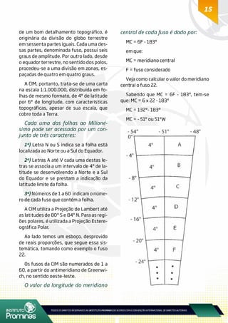 15
de um bom detalhamento topográfico, é
originária da divisão do globo terrestre
em sessenta partes iguais. Cada uma des-
sas partes, denominada fuso, possui seis
graus de amplitude. Por outro lado, desde
o equador terrestre, no sentido dos polos,
procedeu-se a uma divisão em zonas, es-
paçadas de quatro em quatro graus.
A ClM, portanto, trata-se de uma carta
na escala 1:1.000.000, distribuída em fo-
lhas de mesmo formato, de 4° de latitude
por 6° de longitude, com características
topográficas, apesar de sua escala, que
cobre toda a Terra.
Cada uma das folhas ao Milioné-
simo pode ser acessada por um con-
junto de três caracteres:
1º) Letra N ou S indica se a folha está
localizada ao Norte ou a Sul do Equador.
2º) Letras A até V cada uma destas le-
tras se associa a um intervalo de 4º de la-
titude se desenvolvendo a Norte e a Sul
do Equador e se prestam a indicação da
latitude limite da folha.
3º) Números de 1 a 60 indicam o núme-
ro de cada fuso que contém a folha.
A CIM utiliza a Projeção de Lambert até
as latitudes de 80º S e 84º N. Para as regi-
ões polares, é utilizada a Projeção Estere-
ográfica Polar.
Ao lado temos um esboço, desprovido
de reais proporções, que segue essa sis-
temática, tomando como exemplo o fuso
22.
Os fusos da CIM são numerados de 1 a
60, a partir do antimeridiano de Greenwi-
ch, no sentido oeste-leste.
O valor da longitude do meridiano
central de cada fuso é dado por:
MC = 6F - 183°
em que:
MC = meridiano central
F = fuso considerado
Veja como calcular o valor do meridiano
central o fuso 22.
Sabendo que MC = 6F - 183°, tem-se
que: MC = 6 x 22 - 183°
MC = 132°- 183°
MC = - 51° ou 51°W
 