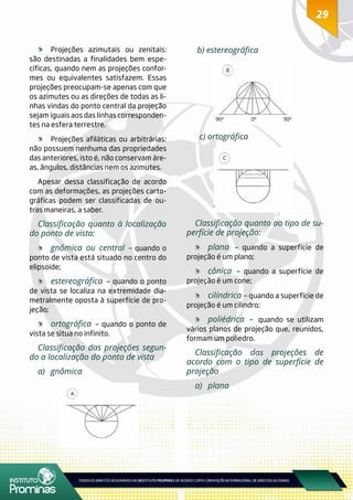 2929
	 Projeções azimutais ou zenitais:
são destinadas a finalidades bem espe-
cíficas, quando nem as projeções confor-
mes ou equivalentes satisfazem. Essas
projeções preocupam-se apenas com que
os azimutes ou as direções de todas as li-
nhas vindas do ponto central da projeção
sejam iguais aos das linhas corresponden-
tes na esfera terrestre.
	 Projeções afiláticas ou arbitrárias:
não possuem nenhuma das propriedades
das anteriores, isto é, não conservam áre-
as, ângulos, distâncias nem os azimutes.
Apesar dessa classificação de acordo
com as deformações, as projeções carto-
gráficas podem ser classificadas de ou-
tras maneiras, a saber.
Classificação quanto à localização
do ponto de vista:
	 gnômica ou central – quando o
ponto de vista está situado no centro do
elipsoide;
	 estereográfica – quando o ponto
de vista se localiza na extremidade dia-
metralmente oposta à superfície de pro-
jeção;
	 ortográfica – quando o ponto de
vista se situa no infinito.
Classificação das projeções segun-
do a localização do ponto de vista
a)	gnômica
b) estereográfica
c) ortográfica
Classificação quanto ao tipo de su-
perfície de projeção:
	 plana – quando a superfície de
projeção é um plano;
	 cônica – quando a superfície de
projeção é um cone;
	 cilíndrica – quando a superfície de
projeção é um cilindro;
	 poliédrica – quando se utilizam
vários planos de projeção que, reunidos,
formam um poliedro.
Classificação das projeções de
acordo com o tipo de superfície de
projeção
a)	plana
 