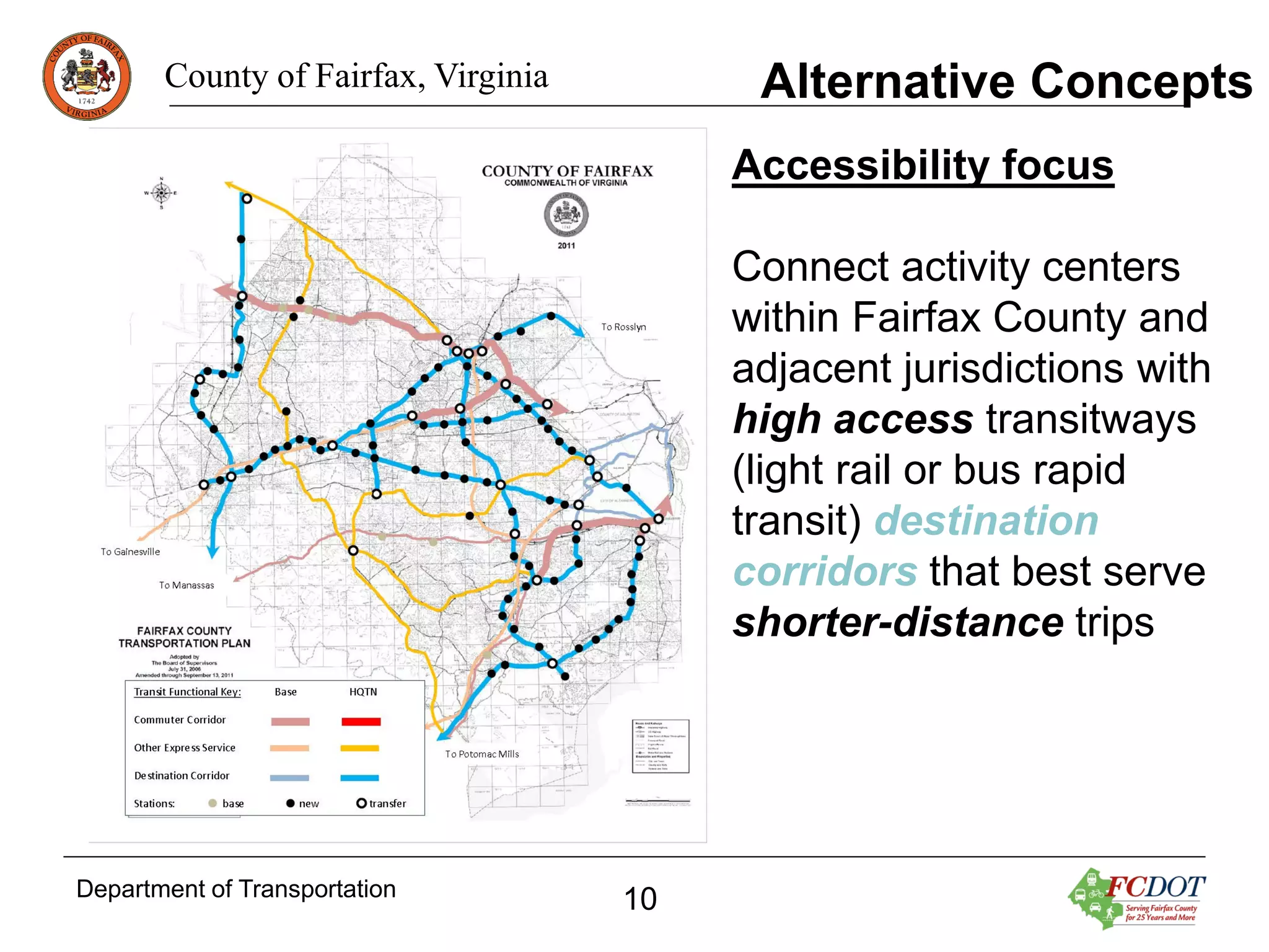 Alternative Concepts

County of Fairfax, Virginia

Accessibility focus
Connect activity centers
within Fairfax County and
adjacent jurisdictions with
high access transitways
(light rail or bus rapid
transit) destination
corridors that best serve
shorter-distance trips

Department of Transportation

10

 