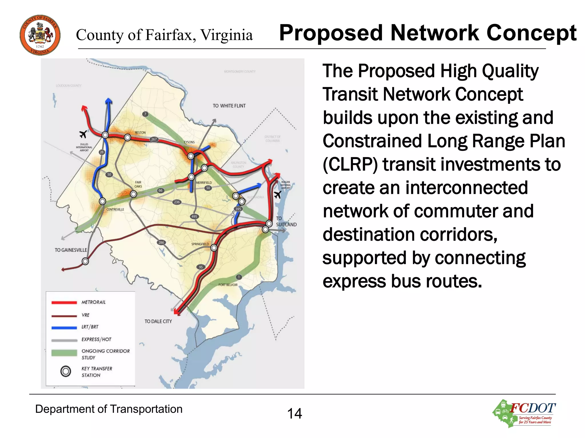 County of Fairfax, Virginia

Proposed Network Concept
The Proposed High Quality
Transit Network Concept
builds upon the existing and
Constrained Long Range Plan
(CLRP) transit investments to
create an interconnected
network of commuter and
destination corridors,
supported by connecting
express bus routes.

Department of Transportation

14

 