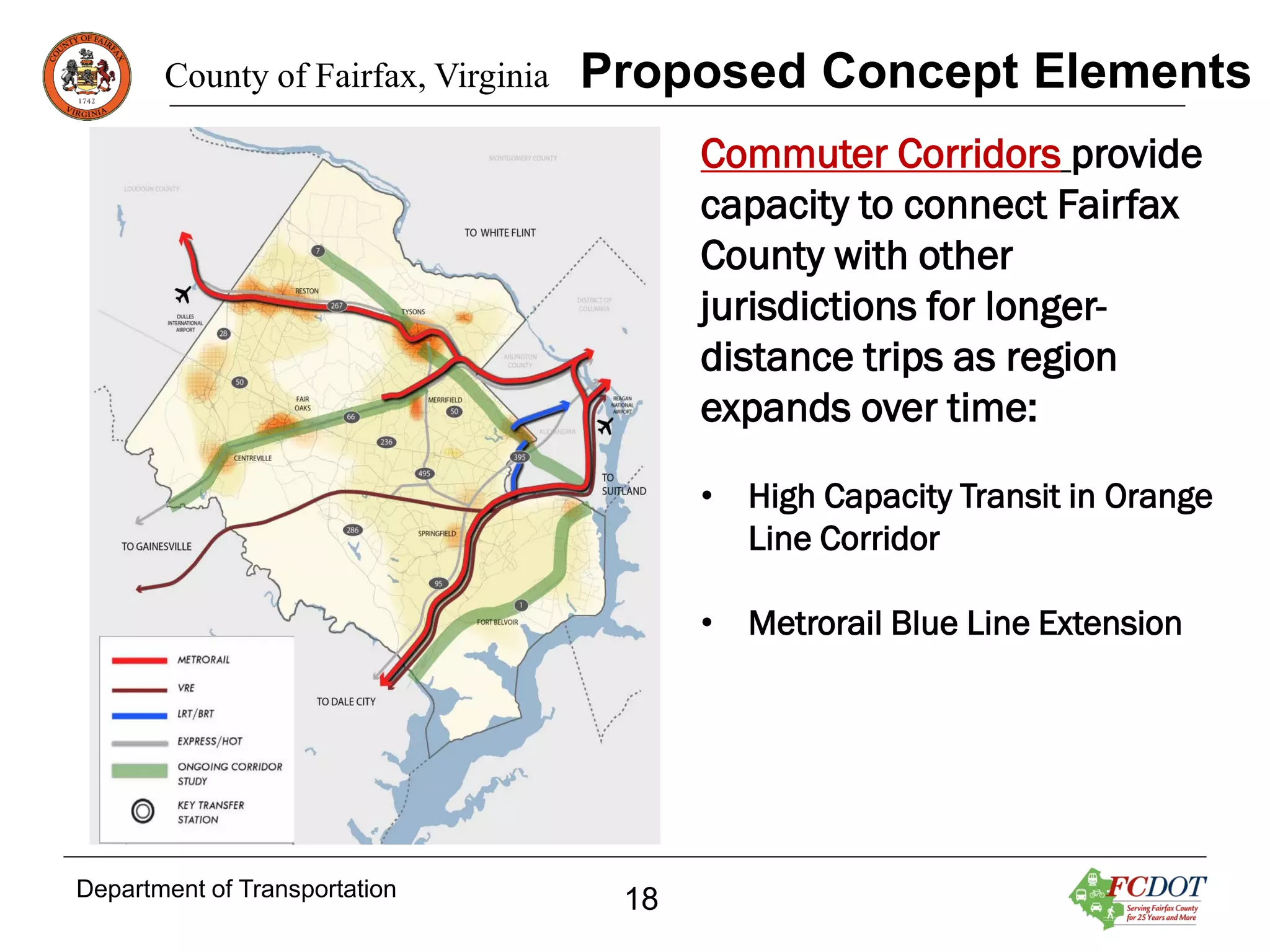 County of Fairfax, Virginia

Proposed Concept Elements
Commuter Corridors provide
capacity to connect Fairfax
County with other
jurisdictions for longerdistance trips as region
expands over time:
• High Capacity Transit in Orange
Line Corridor
• Metrorail Blue Line Extension

Department of Transportation

18

 