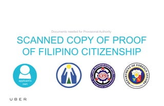 SCANNED COPY OF PROOF
OF FILIPINO CITIZENSHIP
Documents needed for Provisional Authority
4 pages
applicant’s
own
 