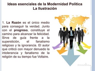 43
Ideas esenciales de la Modernidad Política
La Ilustración
1. La Razón es el único medio
para conseguir la verdad. Junto
con el progreso, constituye el
camino para alcanzar la felicidad.
Sirve de guía frente a la
superstición, el fanatismo
religioso y la ignorancia. El autor
que criticó con mayor denuedo la
intolerancia y fanatismo de la
religión de su tiempo fue Voltaire.
 