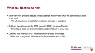 What You Need to do Next
• Meet with your group to discuss Jones Electric’s industry and what the company has to do
to succeed.
• This will ground you in terms of what remedies are actionable vs aspirational
• Build pro forma financials for 2007 (possibly 2008) for Jones Electric
• Percentage of Sales, and External Funds Required methods will be useful here.
• Consider non-financial risks; implementation is rarely frictionless.
• Make a pro looking report. 3000-4000 words plus appendices is about right.
 
