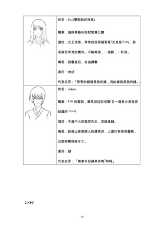 姓名：Eve(雙胞胎的妹妹)


        職業：偵探事務所的財管兼公關


        個性：女王性格，常常奴役兩個哥哥(尤其是 Liar)，卻


        是兩位哥哥的寶貝。不能喝酒，一滴醉，一杯倒。


        專長：殺價皇后、自由搏擊


        喜好：血拼


        代表名言：「哥哥的錢就是我的錢，我的錢就是我的錢。」

        姓名：Adam


        職業：Liar 的鄰居，蘋果派店的老闆(另一個身分是秘密


        組織的 Boss)


        個性：不溫不火的微笑先生，其餘是謎。


        專長：能做出香氣誘人的蘋果派，上面印有奇怪圖案，


        且堅持標榜純手工。


        喜好：謎


        代表名言：「需要來份蘋果派嗎?呵呵」




2.NPC



                    10
 