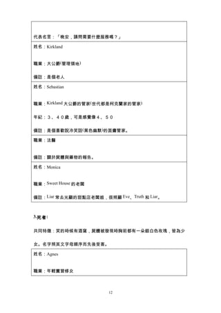 代表名言：「晚安，請問需要什麼服務嗎？」

姓名：Kirkland


職業：大公爵(管理領地)


備註：是個老人

姓名：Sebastian


職業：Kirkland 大公爵的管家(世代都是柯克蘭家的管家)


年紀：３、４０歲，可是感覺像４、５０


備註：是個喜歡說冷笑話(黑色幽默)的面癱管家。

職業：法醫


備註：關於屍體與藥物的報告。

姓名：Monica


職業：Sweet House 的老闆


備註：Liar 常去光顧的甜點店老闆娘，很照顧 Eve、Truth 和 Liar。



3.死者 :


共同特徵：笑的時候有酒窩，屍體被發現時胸前都有一朵銀白色玫瑰，皆為少


女。名字照英文字母順序而先後受害。

姓名：Agnes


職業：年輕實習修女



                       12
 