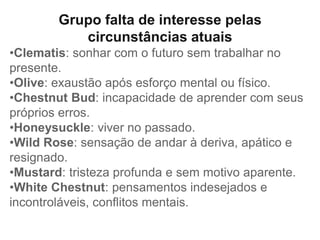 Grupo falta de interesse pelas
circunstâncias atuais
•Clematis: sonhar com o futuro sem trabalhar no
presente.
•Olive: exaustão após esforço mental ou físico.
•Chestnut Bud: incapacidade de aprender com seus
próprios erros.
•Honeysuckle: viver no passado.
•Wild Rose: sensação de andar à deriva, apático e
resignado.
•Mustard: tristeza profunda e sem motivo aparente.
•White Chestnut: pensamentos indesejados e
incontroláveis, conflitos mentais.
 