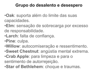 Grupo do desalento e desespero
•Oak: suporta além do limite das suas
capacidades.
•Elm: sensação de sobrecarga por excesso
de responsabilidade.
•Larch: falta de confiança.
•Pine: culpa.
•Willow: autocomiseração e ressentimento.
•Sweet Chestnut: angústia mental extrema.
•Crab Apple: para limpeza e para o
sentimento de autorrejeição.
•Star of Bethlehem: choque e traumas.
 