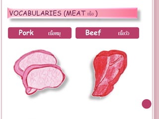 VOCABULARIES (MEAT เนื้อ )

  Pork     เนื้อหมุ   Beef   เนื้อวัว
 