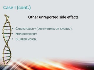 Other unreported side effects
• CARDIOTOXICITY ( ARRHYTHMIA OR ANGINA ).
• NEPHROTOXICITY.
• BLURRED VISION.
10
 
