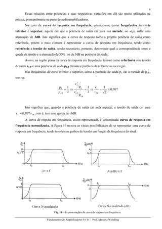 8
Fundamentos de Amplificadores V1.0 | Prof. Marcelo Wendling
Essas relações entre potências e suas respectivas variações em dB são muito utilizadas na
prática, principalmente na parte de audioamplificadores.
No caso da curva de resposta em frequência, considera-se como frequências de corte
inferior e superior, aquela em que a potência de saída cai para sua metade, ou seja, sofre uma
atenuação de 3dB. Isto significa que a curva de resposta toma a própria potência de saída como
referência, porém o mais comum é representar a curva de resposta em frequência, tendo como
referência a tensão de saída, sendo necessário, portanto, determinar qual a correspondência entre a
queda de tensão e a atenuação de 50% ou de 3dB na potência de saída.
Assim, na região plana da curva de resposta em frequência, tem-se como referência uma tensão
de saída vLR e uma potência de saída pLR (tensão e potência de referências na carga).
Nas frequências de corte inferior e superior, como a potência de saída pL cai à metade de pLR,
tem-se:
707,0
2
1
2
1
2
1
2
2
LR
L
LR
LR
L
L
LR
L
v
v
R
v
R
v
p
p
Isto significa que, quando a potência de saída cai pela metade, a tensão de saída cai para
LRL vv .707,0 , isto é, tem uma queda de -3dB.
A curva de respota em frequência, assim representada, é denominada curva de resposta em
frequência normalizada. A figura 10 mostra as várias possibilidades de se representar uma curva de
resposta em frequência, tendo tensões ou ganhos de tensão em função da frequência do sinal.
Fig. 10 – Representações da curva de resposta em frequência.
 