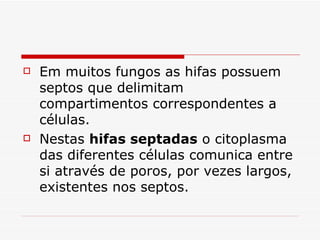    Em muitos fungos as hifas possuem
    septos que delimitam
    compartimentos correspondentes a
    células.
   Nestas hifas septadas o citoplasma
    das diferentes células comunica entre
    si através de poros, por vezes largos,
    existentes nos septos.
 