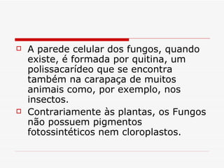    A parede celular dos fungos, quando
    existe, é formada por quitina, um
    polissacarídeo que se encontra
    também na carapaça de muitos
    animais como, por exemplo, nos
    insectos.
   Contrariamente às plantas, os Fungos
    não possuem pigmentos
    fotossintéticos nem cloroplastos.
 