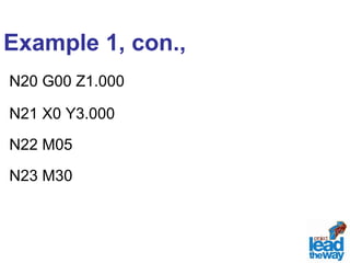 Example 1, con., 
N20 G00 Z1.000 
N21 X0 Y3.000 
N22 M05 
N23 M30 
 