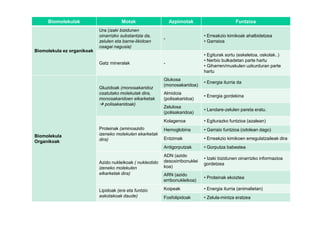 Biomolekulak                      Motak                    Azpimotak                       Funtzioa
                            Ura (izaki bizidunen
                            oinarrizko substantzia da,                          • Erreakzio kimikoak ahalbidetzea
                                                            -
                            zelulen eta barne-likidoen                          • Garraioa
                            osagai nagusia)
Biomolekula ez organikoak
                                                                                • Egiturak sortu (eskeletoa, oskolak..)
                                                                                • Nerbio bulkadetan parte hartu
                            Gatz mineralak                  -
                                                                                • Giharren/muskulen uzkurduran parte
                                                                                hartu
                                                            Glukosa
                                                                                • Energia iturria da
                                                            (monosakaridoa)
                            Gluzidoak (monosakaridoz
                            osatutako molekulak dira,       Almidoia
                                                                                • Energia gordekina
                            monosakaridoen elkarketak       (polisakaridoa)
                              polisakaridoak)
                                                            Zelulosa
                                                                                • Landare-zelulen pareta eratu.
                                                            (polisakaridoa)
                                                            Kolagenoa           • Egiturazko funtzioa (azalean)
                            Proteinak (aminoazido           Hemoglobina         • Garraio funtzioa (odolean dago)
Biomolekula                 izeneko molekulen ekarketak
                            dira)                           Entzimak            • Erreakzio kimikoen erregulatzaileak dira
Organikoak
                                                            Antigorputzak       • Gorputza babestea
                                                            ADN (azido
                                                                                • Izaki bizidunen oinarrizko informazioa
                            Azido nukleikoak ( nukleotido   desoxirribonuklei
                                                                                gordetzea
                            izeneko molekulen               koa)
                            elkarketak dira)                ARN (azido
                                                                                • Proteinak ekoiztea
                                                            erribonukleikoa)

                            Lipidoak (era eta funtzio       Koipeak             • Energia iturria (animalietan)
                            askotakoak daude)               Fosfolipidoak       • Zelula-mintza eratzea
 