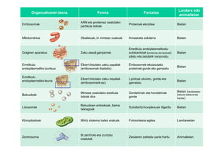 Landare edo
      Organualuaren izena               Forma                           Funtzioa
                                                                                                     animalietan

                            ARN eta proteinaz osatutako
Erribosomak                                                 Proteinak ekoiztea                      Bietan
                            partikula txikiak


Mitokondrioa                Obalatuak, bi mintzez osatuak   Arnasketa zelularra                     Bietan


                                                            Erretikulu endoplasmatikoko
Golgiren aparatua           Zaku zapal gainjarriak          substantziak (proteinak eta lipidoak)   Bietan
                                                            pilatu eta zelulatik kanporatu

Erretikulu                  Elkarri lotutako zaku zapalak   Erribosomek ekoiztutako
                                                                                                    Bietan
endoplasmatiko izurtsua     (erribosomak itsatsita)         proteinak gorde eta garraiatu

Erretikulu
                            Elkarri lotutako zaku zapalak   Lipidoak ekoiztu, gorde eta
endoplasmatiko leuna                                                                                Bietan
                            (erribosomarik ez)              garraiatu


                            Mintzez osatutako besikula      Gordekinak eta hondakinak               Bietan (landareetan
Bakuoloak                                                                                           bakuolo bakarra eta
                            txikiak dira                    gorde                                   handia)


                            Bakuoloen antzekoak, baina
Lisosomak                                                   Substantzi konplexuak digeritu          Bietan
                            txikiagoak


Kloroplastoak               Mintz sistema batez eratuak     Fotosintesia egitea                     Landareetan



                            Bi zentriolo eta zuntzez
Zentrosoma                                                  Zelularen zatiketa parte hartu          Animalietan
                            osatutak
 