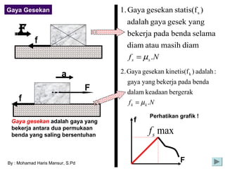 Gaya Gesekan                          1. Gaya gesekan statis(f s )
                                        adalah gaya gesek yang
     F                                  bekerja pada benda selama
            f
                                        diam atau masih diam
                                         f s = µs .N

                        a             2. Gaya gesekan kinetis(f k ) adalah :
                                        gaya yang bekerja pada benda
                                  F     dalam keadaan bergerak
     f                                   f k = µ k .N
                                                  Perhatikan grafik !
 Gaya gesekan adalah gaya yang             f
 bekerja antara dua permukaan
 benda yang saling bersentuhan
                                                  f s max

By : Mohamad Haris Mansur, S.Pd                              F
 