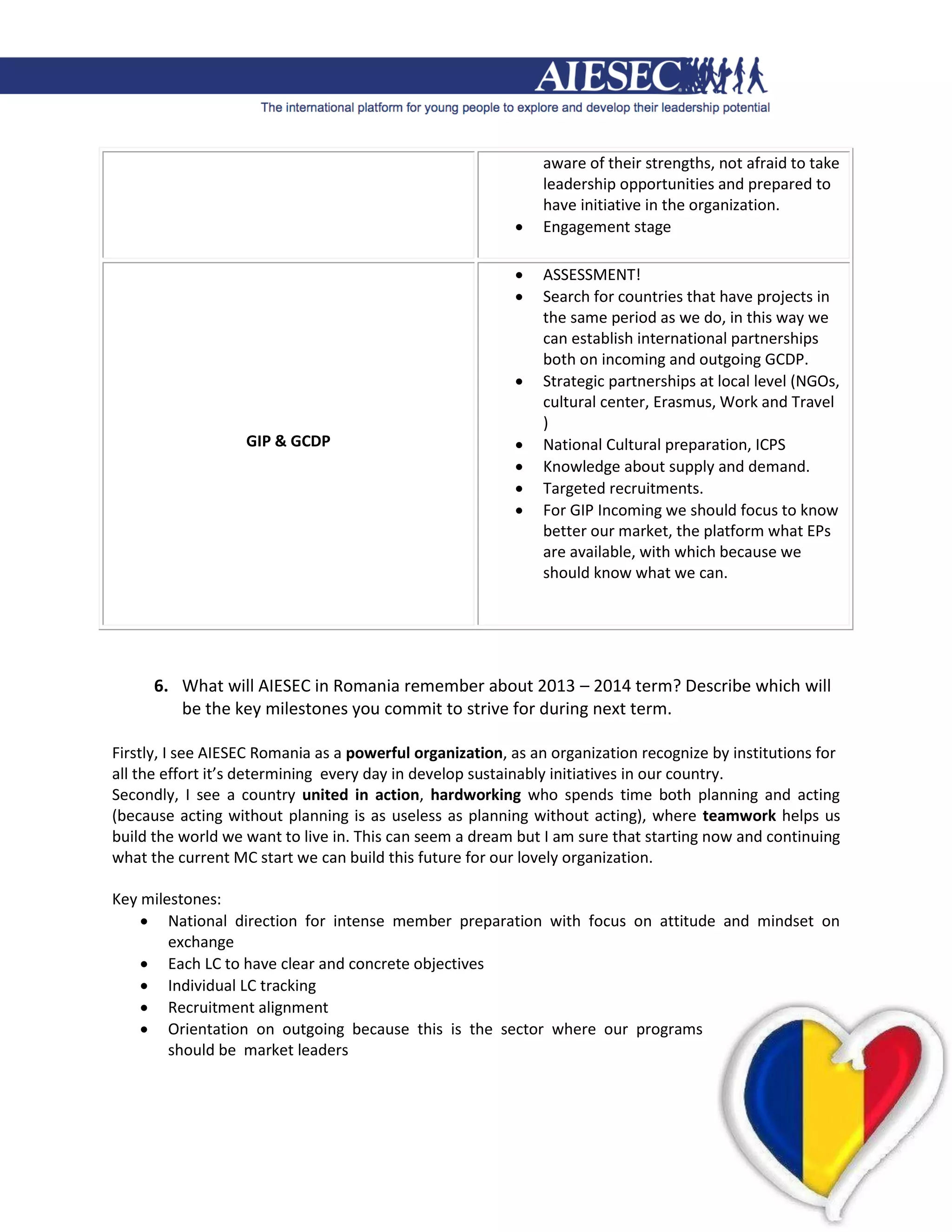 aware of their strengths, not afraid to take
                                                              leadership opportunities and prepared to
                                                              have initiative in the organization.
                                                             Engagement stage

                                                             ASSESSMENT!
                                                             Search for countries that have projects in
                                                              the same period as we do, in this way we
                                                              can establish international partnerships
                                                              both on incoming and outgoing GCDP.
                                                             Strategic partnerships at local level (NGOs,
                                                              cultural center, Erasmus, Work and Travel
                                                              )
                   GIP & GCDP                                National Cultural preparation, ICPS
                                                             Knowledge about supply and demand.
                                                             Targeted recruitments.
                                                             For GIP Incoming we should focus to know
                                                              better our market, the platform what EPs
                                                              are available, with which because we
                                                              should know what we can.




      6. What will AIESEC in Romania remember about 2013 – 2014 term? Describe which will
         be the key milestones you commit to strive for during next term.

Firstly, I see AIESEC Romania as a powerful organization, as an organization recognize by institutions for
all the effort it’s determining every day in develop sustainably initiatives in our country.
Secondly, I see a country united in action, hardworking who spends time both planning and acting
(because acting without planning is as useless as planning without acting), where teamwork helps us
build the world we want to live in. This can seem a dream but I am sure that starting now and continuing
what the current MC start we can build this future for our lovely organization.

Key milestones:
     National direction for intense member preparation with focus on attitude and mindset on
        exchange
     Each LC to have clear and concrete objectives
     Individual LC tracking
     Recruitment alignment
     Orientation on outgoing because this is the sector where our programs
        should be market leaders
 