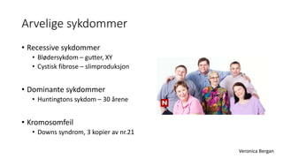 Arvelige sykdommer 
• Recessive sykdommer 
• Blødersykdom – gutter, XY 
• Cystisk fibrose – slimproduksjon 
• Dominante sykdommer 
• Huntingtons sykdom – 30 årene 
• Kromosomfeil 
• Downs syndrom, 3 kopier av nr.21 
Veronica Bergan 
 