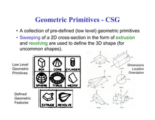 Geometric Primitives - CSG
• A collection of pre-defined (low level) geometric primitives
• Sweeping of a 2D cross section in the form of extrusion• Sweeping of a 2D cross-section in the form of extrusion
and revolving are used to define the 3D shape (for
uncommon shapes).
Low Level
G t i
Dimensions
Geometric
Primitives
Location
Orientation
Defined
GeometricGeometric
Features
 