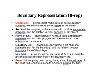 B d R t ti (B )
• Object List ---- giving object name, a list of all its boundary
Boundary Representation (B-rep)
Object List giving object name, a list of all its boundary
surfaces, and the relation to other objects of the model.
• Surface List ---- giving surface name, a list of all its component
polygons, and the relation to other surfaces of the object.p yg , j
• Polygon List ---- giving polygon name, a list of all boundary
segments that form this polygon, and the relation to other
polygons of the surface.
• Boundary List ---- giving boundary name, a list of all line
segments that for this boundary, and the relation to other
boundary lines of the polygon.
• Line List ---- giving line name, the name of its two end points,
and the relation to other lines of the boundary line.
• Point List ---- giving point name, the X, Y and Z coordinates of
the point and, and the relation to other end point of the line.
 