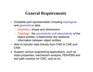 General RequirementsGeneral Requirements
• Complete part representation including topologicalComplete part representation including topological
and geometrical data
– Geometry: shape and dimensions
– Topology: the connectivity and associativity of the
object entities; it determines the relational
information between object entitiesinformation between object entities
• Able to transfer data directly from CAD to CAE and
CAM.
• Support various engineering applications, such as
mass properties, mechanism analysis, FEA/FEM and
tool path creation for CNC and so ontool path creation for CNC, and so on.
 