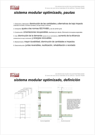 OS NÍVEIS DE ACÇÃO DA SUSTENTABILIDADE
                                                                 El cierre del ciclo de los materiales en los edificios / Gerardo Wadel


 sistema modular optimizado, pautas
  i t      d l     ti i d       t

1. Extracción y fabricación: disminución               de las cantidades y alternativas de bajo impacto
(materiales renovables, reciclados-reciclables y de baja energía y emisiones)


2. transporte: ajuste       a las normas ISO R-668 y uso de camión grúa
3. Construcción: cimentaciones                 recuperables, diseñadas por cálculo. Eliminación de equipos especiales
4. Uso: disminución            de la demanda (pautas de uso, bioclimatismo), aumento de la eficiencia
(instalaciones de mayor rendimiento) y energías renovables


5. Mantenimiento: mayor           durabilidad, disminución de cantidades e impactos
                                  durabilidad
6. Desconstrucción: juntas          reversibles, reutilización, rehabilitación o reciclado




                                                                                    OS NÍVEIS DE ACÇÃO DA SUSTENTABILIDADE
                                                                 El cierre del ciclo de los materiales en los edificios / Gerardo Wadel


 sistema modular optimizado, definición
  i t      d l     ti i d d fi i ió
 