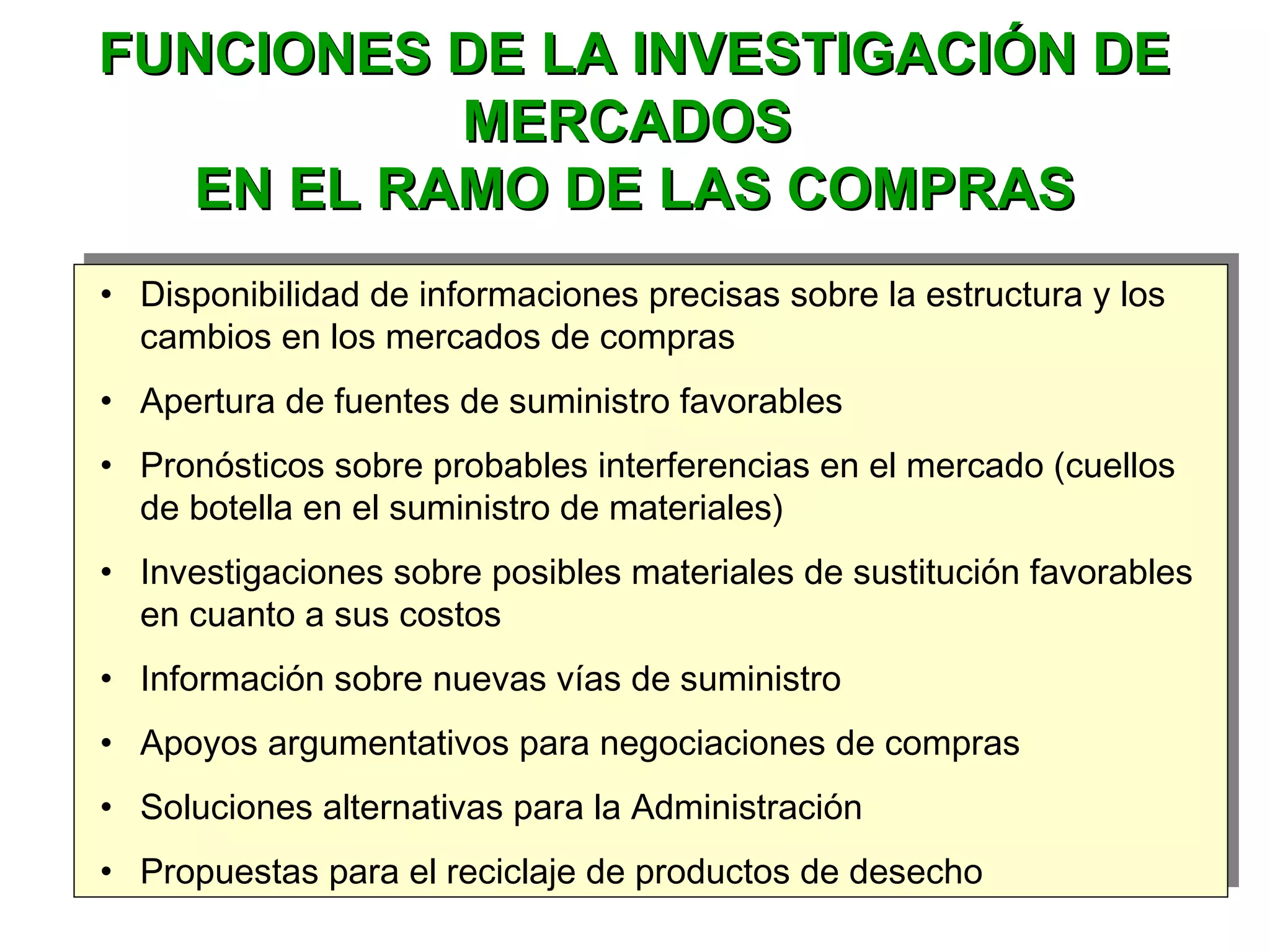 FUNCIONES DE LA INVESTIGACIÓN DEFUNCIONES DE LA INVESTIGACIÓN DE
MERCADOSMERCADOS
EN EL RAMO DE LAS COMPRASEN EL RAMO DE LAS COMPRAS
• Disponibilidad de informaciones precisas sobre la estructura y los
cambios en los mercados de compras
• Apertura de fuentes de suministro favorables
• Pronósticos sobre probables interferencias en el mercado (cuellos
de botella en el suministro de materiales)
• Investigaciones sobre posibles materiales de sustitución favorables
en cuanto a sus costos
• Información sobre nuevas vías de suministro
• Apoyos argumentativos para negociaciones de compras
• Soluciones alternativas para la Administración
• Propuestas para el reciclaje de productos de desecho
• Disponibilidad de informaciones precisas sobre la estructura y los
cambios en los mercados de compras
• Apertura de fuentes de suministro favorables
• Pronósticos sobre probables interferencias en el mercado (cuellos
de botella en el suministro de materiales)
• Investigaciones sobre posibles materiales de sustitución favorables
en cuanto a sus costos
• Información sobre nuevas vías de suministro
• Apoyos argumentativos para negociaciones de compras
• Soluciones alternativas para la Administración
• Propuestas para el reciclaje de productos de desecho
 