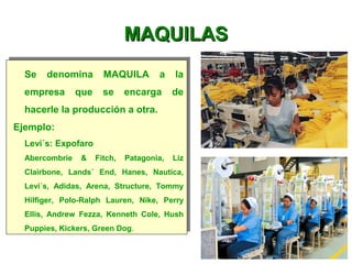 MAQUILASMAQUILAS
Se denomina MAQUILA a la
empresa que se encarga de
hacerle la producción a otra.
Ejemplo:
Levi´s: Expofaro
Abercombrie & Fitch, Patagonia, Liz
Clairbone, Lands´ End, Hanes, Nautica,
Levi´s, Adidas, Arena, Structure, Tommy
Hilfiger, Polo-Ralph Lauren, Nike, Perry
Ellis, Andrew Fezza, Kenneth Cole, Hush
Puppies, Kickers, Green Dog.
Se denomina MAQUILA a la
empresa que se encarga de
hacerle la producción a otra.
Ejemplo:
Levi´s: Expofaro
Abercombrie & Fitch, Patagonia, Liz
Clairbone, Lands´ End, Hanes, Nautica,
Levi´s, Adidas, Arena, Structure, Tommy
Hilfiger, Polo-Ralph Lauren, Nike, Perry
Ellis, Andrew Fezza, Kenneth Cole, Hush
Puppies, Kickers, Green Dog.
 