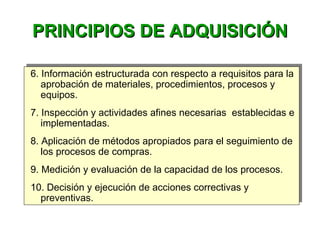 PRINCIPIOS DE ADQUISICIÓNPRINCIPIOS DE ADQUISICIÓN
6. Información estructurada con respecto a requisitos para la
aprobación de materiales, procedimientos, procesos y
equipos.
7. Inspección y actividades afines necesarias establecidas e
implementadas.
8. Aplicación de métodos apropiados para el seguimiento de
los procesos de compras.
9. Medición y evaluación de la capacidad de los procesos.
10. Decisión y ejecución de acciones correctivas y
preventivas.
6. Información estructurada con respecto a requisitos para la
aprobación de materiales, procedimientos, procesos y
equipos.
7. Inspección y actividades afines necesarias establecidas e
implementadas.
8. Aplicación de métodos apropiados para el seguimiento de
los procesos de compras.
9. Medición y evaluación de la capacidad de los procesos.
10. Decisión y ejecución de acciones correctivas y
preventivas.
 