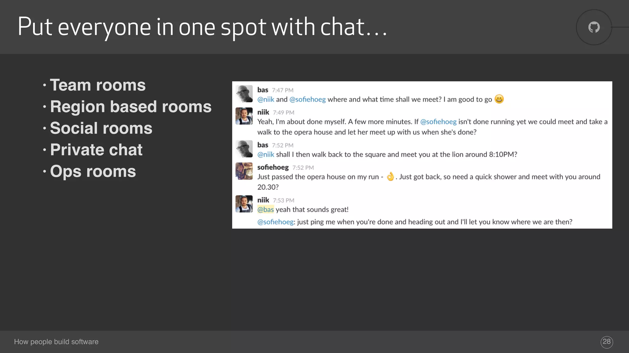 !
How people build software
Put everyone in one spot with chat…
28
• Team rooms
• Region based rooms
• Social rooms
• Private chat
• Ops rooms
 