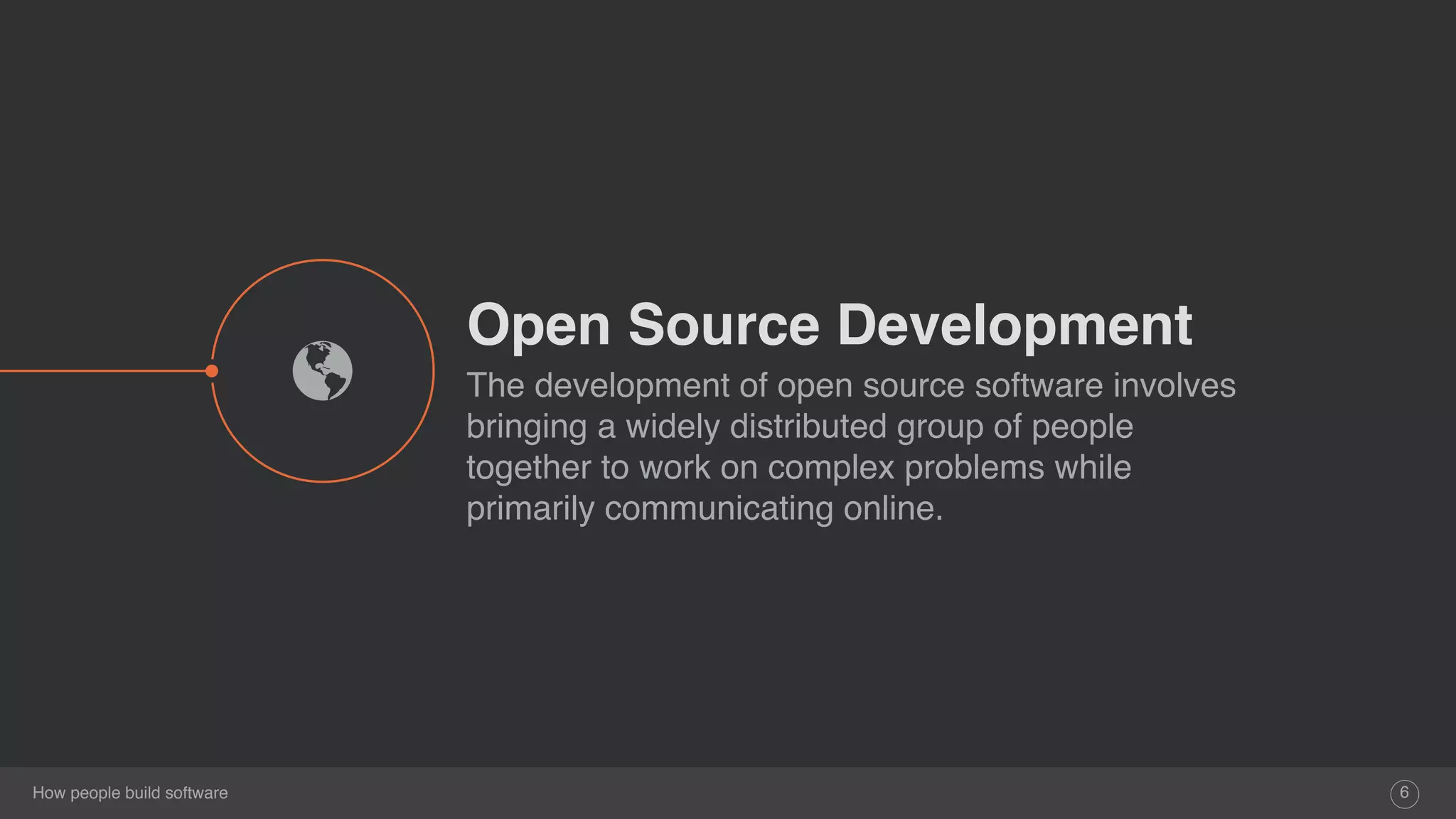 How people build software
Open Source Development
The development of open source software involves
bringing a widely distributed group of people
together to work on complex problems while
primarily communicating online.
6
%
 