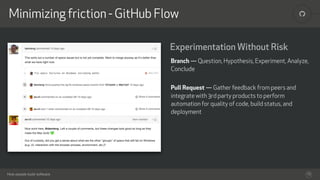 How people build software
!Minimizing friction - GitHub Flow
15
Experimentation Without Risk
Branch — Question, Hypothesis, Experiment, Analyze,
Conclude 
Pull Request — Gather feedback from peers and
integrate with 3rd party products to perform
automation for quality of code, build status, and
deployment
 