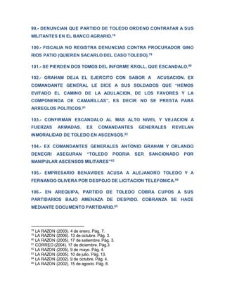 99.- DENUNCIAN QUE PARTIDO DE TOLEDO ORDENO CONTRATAR A SUS
MILITANTES EN EL BANCO AGRARIO.78
100.- FISCALIA NO REGISTRA DENUNCIAS CONTRA PROCURADOR GINO
RIOS PATIO (QUIEREN SACARLO DEL CASO TOLEDO).79
101.- SE PIERDEN DOS TOMOS DEL INFORME KROLL. QUE ESCANDALO.80
102.- GRAHAM DEJA EL EJERCITO CON SABOR A ACUSACION. EX
COMANDANTE GENERAL LE DICE A SUS SOLDADOS QUE “HEMOS
EVITADO EL CAMINO DE LA ADULACION, DE LOS FAVORES Y LA
COMPONENDA DE CAMARILLAS”, ES DECIR NO SE PRESTA PARA
ARREGLOS POLITICOS.81
103.- CONFIRMAN ESCANDALO AL MAS ALTO NIVEL Y VEJACION A
FUERZAS ARMADAS. EX COMANDANTES GENERALES REVELAN
INMORALIDAD DE TOLEDO EN ASCENSOS.82
104.- EX COMANDANTES GENERALES ANTONIO GRAHAM Y ORLANDO
DENEGRI ASEGURAN “TOLEDO PODRIA SER SANCIONADO POR
MANIPULAR ASCENSOS MILITARES”83
105.- EMPRESARIO BENAVIDES ACUSA A ALEJANDRO TOLEDO Y A
FERNANDO OLIVERA POR DESPOJO DE LICITACION TELEFONICA.84
106.- EN AREQUIPA, PARTIDO DE TOLEDO COBRA CUPOS A SUS
PARTIDARIOS BAJO AMENAZA DE DESPIDO. COBRANZA SE HACE
MEDIANTE DOCUMENTO PARTIDARIO.85
78
LA RAZON (2003). 4 de enero. Pág. 7.
79
LA RAZON (2006). 13 de octubre. Pág. 3.
80
LA RAZON (2005). 17 de setiembre. Pág. 3.
81
CORREO (2004). 17 de diciembre. Pág.3
82
LA RAZON (2005). 9 de mayo. Pág. 4.
83
LA RAZON (2005). 10 de julio. Pág. 13.
84
LA RAZON (2002). 9 de octubre. Pág. 4.
85
LA RAZON (2002). 15 de agosto. Pág. 8.
 