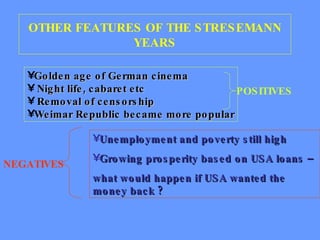 OTHER FEATURES OF THE STRESEMANN YEARS Unemployment and poverty still high Growing prosperity based on USA loans –  what would happen if USA wanted the money back ?  POSITIVES Golden age of German cinema Night life, cabaret etc Removal of censorship Weimar Republic became more popular NEGATIVES 