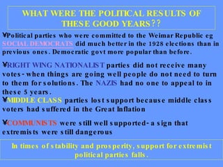 WHAT WERE THE POLITICAL RESULTS OF THESE GOOD YEARS?? Political parties who were committed to the Weimar Republic eg  SOCIAL DEMOCRATS  did much better in the 1928 elections than in previous ones. Democratic govt more popular than before. RIGHT WING NATIONALIST  parties did not receive many votes- when things are going well people do not need to turn to them for solutions. The  NAZIS  had no one to appeal to in these 5 years. MIDDLE CLASS  parties lost support because middle class voters had suffered in the Great Inflation COMMUNISTS  were still well supported- a sign that extremists were still dangerous In times of stability and prosperity, support for extremist political parties falls. 