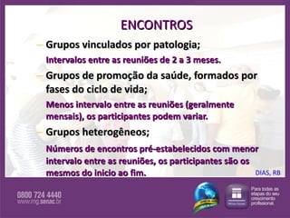 ENCONTROS Grupos vinculados por patologia; Intervalos entre as reuniões de 2 a 3 meses. Grupos de promoção da saúde, formados por fases do ciclo de vida; Menos intervalo entre as reuniões (geralmente mensais), os participantes podem variar. Grupos heterogêneos; Números de encontros pré-estabelecidos com menor intervalo entre as reuniões, os participantes são os mesmos do inicio ao fim. DIAS, RB 