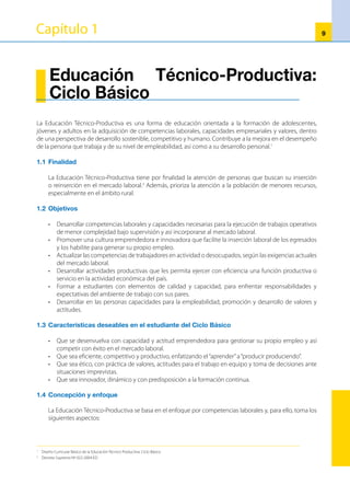 10
• 	 Cultural
	 Toma como referente el contexto donde se desarrolla el proceso educativo. Por ello, debe adecuarse
a las características del entorno productivo, potencialidades y proyecciones de desarrollo de la
comunidad y/o la región, así como a las características y necesidades de las personas involucradas.
Toma en cuenta la diversidad cultural, étnica y lingüística del país, los niveles de desarrollo de la
producción y tecnología del entorno local, regional y/o nacional. 	
• 	 Productivo
	 Desarrolla capacidades productivas en las personas que les permite ejercer con eficiencia una función
deproduccióndebienesoprestacióndeservicios,dentrodelaactividadeconómicadelpaís.Asimismo,
desarrolla capacidades para la gestión empresarial y el emprendimiento, que les permita generar su
propio empleo y competir con éxito en el mercado global. Forma a los estudiantes con elementos de
calidad y capacidad para enfrentar responsabilidades y expectativas del ambiente de trabajo con sus
pares, determinante para su empleabilidad y para la calidad del empleo al que aspiran.
•	 Afectivo
	 Promueve el desarrollo de valores y actitudes que les permita mantener con éxito un puesto de
trabajo.
1.5	Diseño Curricular Básico de la Educación Técnico-Productiva: Ciclo Básico  
El Diseño Curricular Básico de la EducaciónTécnico-Productiva: Ciclo Básico se organiza en módulos. Cada
módulo comprende un bloque coherente de aprendizajes específicos y complementarios,3
se asocia a la
unidad de competencia, tiene carácter terminal y se orienta a una opción laboral específica.
LA OFERTA FORMATIVA EN EL CICLO BÁSICO ES MODULAR
MÓDULO OCUPACIONAL
El estudiante del Ciclo Básico que logre las capacidades de la formación específica y complementaria, y
que haya realizado la práctica pre-profesional, estará apto para obtener la certificación con mención del
módulo ocupacional cursado.
3
	 Diseño Curricular Básico de la Educación Técnico-Productiva: Ciclo Básico.
1.5.1	 Componentes
a)	 Formación específica
	 Elmódulodesarrollaenelestudiantelaformaciónespecíficaquepromuevesuspotencialidades
cognitivas, motoras y afectivas.
 