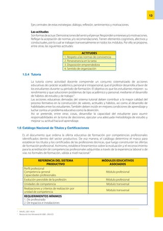 14
1.6.1	 Organización
El Catálogo Nacional de Títulos y Certificaciones está constituido por el conjunto de títulos y
certificados de desempeño y formación tecnológica para el Perú, demandados e identificados
por el sector productivo.
•	 Los títulos profesionales que integran el Catálogo Nacional de Títulos y Certificaciones se
organizan por familias profesionales y niveles de formación.
•	 Los niveles de formación se establecen atendiendo las funciones y ocupaciones que
desempeñarán las personas durante el desarrollo de una actividad productiva.
1.6.2 	Familia profesional
Se denomina familia profesional al conjunto de profesiones que comparten un tronco común
de conocimientos, manejo de tecnología y recursos utilizados en la realización del proceso
productivo o de la prestación de un servicio. Cada familia profesional cuenta con un conjunto de
títulos profesionales y de certificaciones.
La organización en familias profesionales del catálogo en cuestión responde a una doble lógica.6
Por una parte, dentro del mundo productivo, una familia comprende el conjunto de profesiones
quecompartenuntroncocomúndeconocimientos7
técnicos,procedimientos,actitudesyrecursos
habitualmente utilizados en la realización de sus quehaceres. Así, dentro de una misma familia
existen semejanzas profesionales, las que determinan la colaboración de diferentes profesionales
dentro de un mismo entorno laboral, así como la posibilidad de cambiar de una profesión a otra
relativamente próxima por preferencias personalesante los cambios que se producen en el mundo
laboral.
		
Porotrolado,laorganizaciónenfamiliasrespondeaunalógicaformativa,asícomoalasnecesidades
del entorno educativo. La formación correspondiente a las competencias profesionales de
una misma familia, se puede organizar dentro de una misma institución a través del mejor
aprovechamiento de recursos materiales, la formación específica del profesorado y, también, las
relaciones con el ámbito productivo del entorno. Ello no impide, naturalmente, que en una misma
institución educativa se puedan desarrollar varias familias profesionales.
1.6.3 	Título profesional
Explicita las competencias que el egresado debe lograr luego de concluir los módulos de cada
opción laboral y/o especialidad técnico-productiva.
FAMILIA PROFESIONAL GRADO DE FORMACIÓN TÍTULO PROFESIONAL
Textil y Confección
Superior Producción textil
Medio
Tintorería y Acabado textil
Confección industrial
Sastrería
Elemental
Hilandería industrial
Tintorería y Estampado industrial
Bordados computarizados y manuales
Confección textil
Tapicería
6
	 Guía Metodológica de Programación Curricular Modular, 2004. Lima-Perú
7
	 Planificación de la Oferta de Formación Profesional Específica, 1995. Ministerio de Educación y Ciencia. España.
 