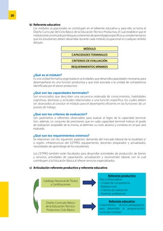 21
	 Ejemplo. Si se diagnostican las actividades productivas Agroindustria, Turismo, Pesquería,
Minería, Manufactura, Agricultura, se relacionará con las Familias Profesionales encontradas en
el Catálogo Nacional de Títulos y Certificaciones.
Este ejercicio identifica actividades productivas o de servicios que se desarrollan en la localidad
y/o región donde se ubica el CETPRO y que se han relacionado a las familias y módulos del
Catálogo Nacional de Títulos y Certificaciones. Los módulos del grado elemental del Catálogo
son los referenciales para los módulos ocupacionales ofertados en el Ciclo Básico, siempre que
respondan a las necesidades formativas de la localidad y/o región y que los CETPRO tengan los
requisitos básicos para ofertarlos.
En caso de que los CETPRO determinen módulos ocupacionales que no se encuentren en el
Catálogo para ofertarlos, se formulará el estudio de factibilidad de la oferta y la demanda del
mercado laboral y su referente productivo, con la participación de los sectores productivos y
empresariales de producción de bienes o prestación de servicios de la respectiva localidad
y/o región. Luego, se presentará ante la Dirección Regional de Educación (DRE) o Unidad de
Gestión Educativa Local (UGEL).
				
Los CETPRO realizarán estas acciones, en tanto se implemente la Ley del Sistema Nacional
de Información de Educación para el Trabajo, que se encarga de determinar los perfiles
profesionales.
2.3.3	 Paso 3: Requerimientos mínimos de la institución educativa
Para determinar el módulo a ofertar, el CETPRO debe contar con:
•	 La demanda del mercado laboral de la localidad y/o región
•	 Infraestructura del CETPRO
•	 El equipamiento
•	 Docente preparado y actualizado
•	 Las necesidades de aprendizaje de los estudiantes
Módulos
•	 Labores de
jardinería
•	 Extracción racional
de recursos
maderables
•	 Cultivos orgánicos
Módulos
•	 Navegación y
maniobras
•	 Pesca
(manipulación y
conservación)
•	 Motores marinos
Módulos
El Catálogo
Nacional de Títulos
y Certificaciones
considera módulos
del grado medio
Módulos
Trazado y
conformado en
las construcciones
metálicas
ACTIVIDADES
Manufactura
Manufactura
Minería
Minería
Pesquería
Pesquería
Agroindustria
GanaderíaAgricultura
FAMILIA FAMILIA FAMILIA FAMILIA
Mecánica y metalesMinería
Actividades
marítimo pesqueras
Actividades
agrarias
 